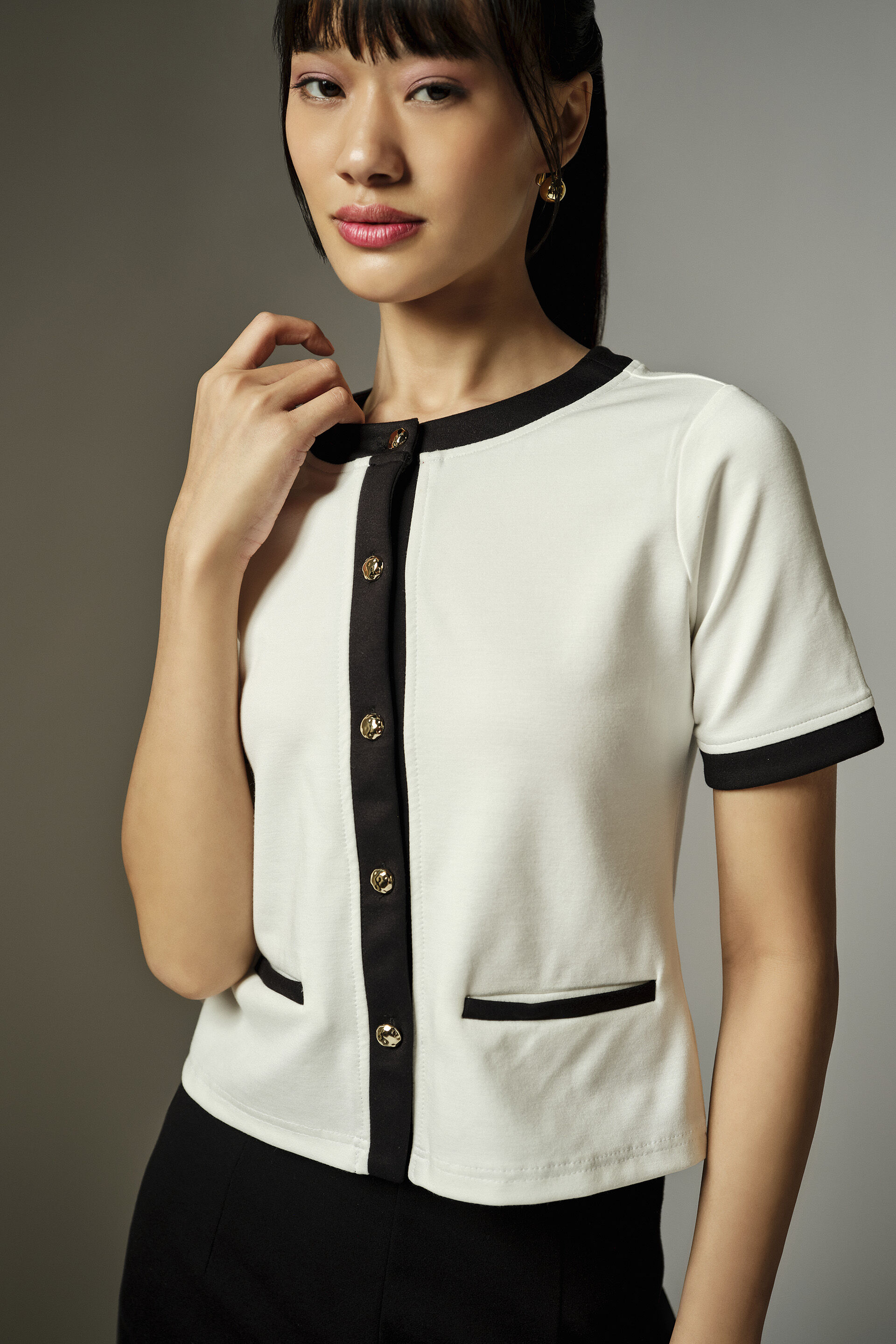 White Contrast Trim Knit Top, White, image 3